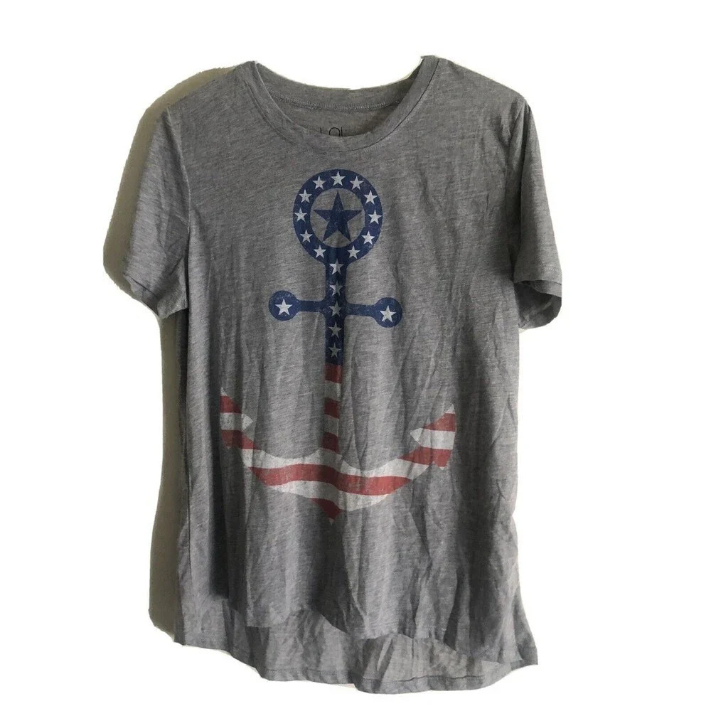 LOL Vintage Womens Tee T-Shirt USA Anchor SZ XL Grey Hi Low Hem